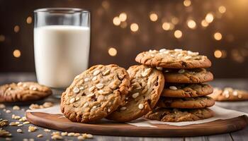 AI generated Oatmeal cookies with sesame seeds and glass of milk photo