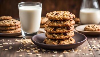 AI generated Oatmeal cookies with sesame seeds and glass of milk photo