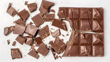 AI generated Sweet dark chocolate bar broken into pieces. AI Generated photo