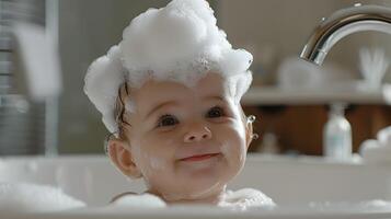AI generated A cute little child with little foam on his head. AI Generated photo