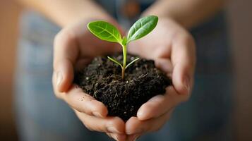 AI generated Human palms hold soil with a green small plant as a concept for business development. AI Generated photo