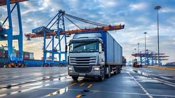 AI generated Truck trailer on the pier in the cargo port terminal with cranes and containers. AI Generated photo