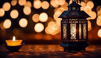 ai generado ornamental Arábica linterna con ardiente vela brillante a noche. foto