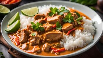 AI generated Red curry with pork and rice , Thai food photo