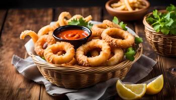 AI generated Fried calamari rings in wicker basket and dip sauce photo