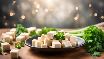 AI generated Tofu cubes in bowl and parsley photo