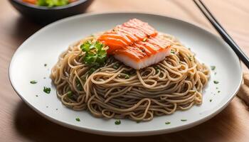 AI generated Soba noodles on plate, Japanese food photo