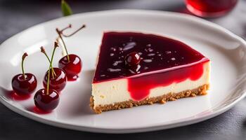 AI generated Cold cheesecake with cherry jelly. photo