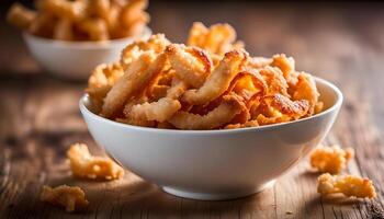 AI generated Pork rind, pork crackling in white bowl photo