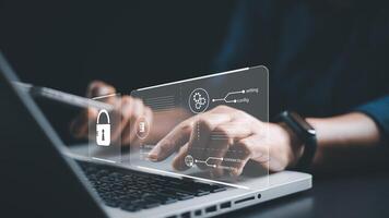 Cybersecurity concept, user privacy security and encryption, secure internet access Future technology and cybernetics, screen padlock. Lock icon and internet network security technology. photo