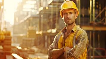 AI generated Portrait of a working man in a uniform and a hard hat. AI Generated photo