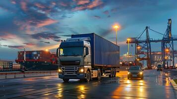 AI generated Truck trailer on the pier in the cargo port terminal with cranes and containers. AI Generated photo