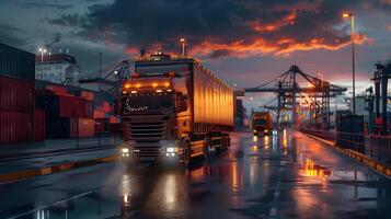 AI generated Truck trailer on the pier in the cargo port terminal with cranes and containers. AI Generated photo