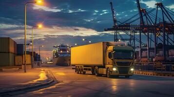 AI generated Truck trailer on the pier in the cargo port terminal with cranes and containers. AI Generated photo