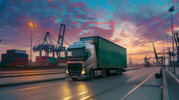 AI generated Truck trailer on the pier in the cargo port terminal with cranes and containers. AI Generated photo