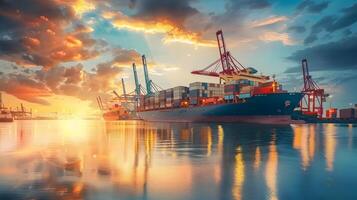 AI generated A ship for transporting cargo containers and also unloading it at the docks of a cargo port. AI Generated photo