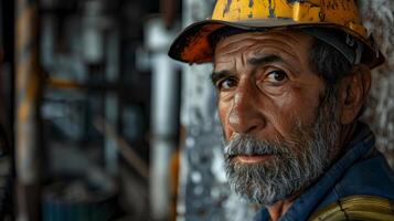 ai generado un hombre, un obrero, un constructor por profesión, en un uniforme y un casco. ai generado foto