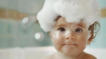 ai generado un linda pequeño niño con pequeño espuma en su cabeza. ai generado foto