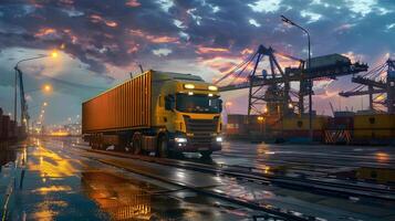 ai generado camión remolque en el muelle en el carga Puerto terminal con grúas y contenedores ai generado foto