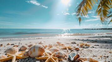 Azure coast of the ocean with palm trees, sand, surf and shells. AI Generated photo