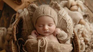 ai generado un hermosa recién nacido bebé en suave cómodo ropa. ai generado foto