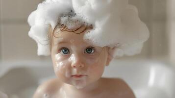 ai generado un linda pequeño niño con pequeño espuma en su cabeza. ai generado foto