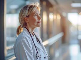 AI generated Confident Senior Female Doctor in Hospital Corridor Representing Healthcare Professionals photo