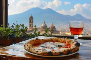 AI generated Authentic Neapolitan Pizza with a Backdrop of Mount Vesuvius and Naples' Cityscape photo