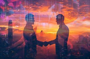 AI generated Business Partnership and Collaboration Concept with a Handshake Silhouette Over the Cityscape at Sunset photo