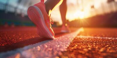 AI generated Determined Runner at Sunset on Track Field - A Story of Athletic Perseverance and Training photo