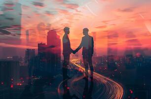 AI generated Business Partnership and Collaboration Concept with a Handshake Silhouette Over the Cityscape at Sunset photo