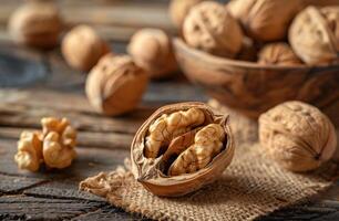 AI generated Textured Walnuts on Wooden Surface for Healthy Snacks and Cooking Ingredients photo