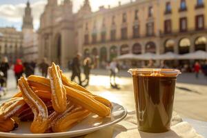 AI generated Crispy Churros con Chocolate Served on a Sunny Morning with Madrid's Vibrant Plaza as Backdrop for Cultural and Food Themes photo