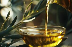 AI generated Pouring Golden Olive Oil into Glass Bowl Amidst Fresh Olives and Leaves photo