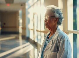 AI generated Confident Senior Female Doctor in Hospital Corridor Representing Healthcare Professionals photo