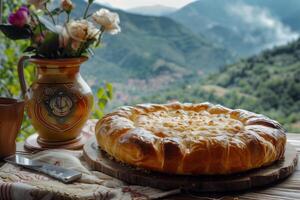 AI generated Hearty Traditional Bulgarian Banitsa Pastry on a Rustic Table with Picturesque Mountain View photo