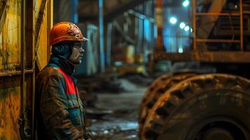 AI generated Portrait of a working man in a uniform and a hard hat. AI Generated photo