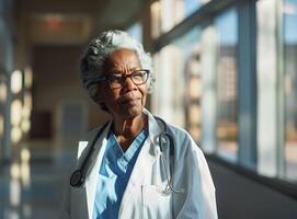 ai generado confidente mayor hembra médico en hospital corredor representando cuidado de la salud profesionales foto