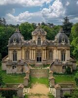 AI generated Stately Historical Mansion Nestled in Verdant Woods - Ideal for Period Dramas and Luxury Themes photo