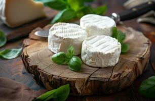 AI generated Artisan Camembert Cheese with Fresh Basil on Rustic Wooden Board, Perfect for Culinary Themes photo