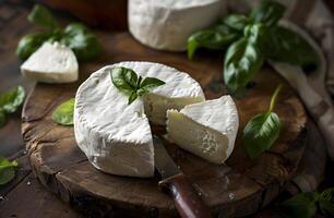 ai generado artesano queso Camembert queso con Fresco albahaca en rústico de madera junta, Perfecto para culinario temas foto