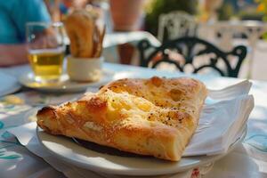 ai generado focaccia un pan en un ligur playa café ofrecimiento un encantador culinario experiencia por el Mediterráneo foto