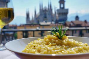 AI generated Creamy Risotto Milanese with the Iconic Milan Cathedral in the Background Perfect for Italian Food and Travel Themes photo