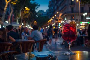 AI generated Refreshing Tinto de Verano Cocktail with Barcelona's Bustling Street Life Perfect for Summer and Lifestyle Themes photo