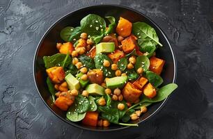 ai generado Fresco vegano Espinacas y garbanzo ensalada con aguacate y calabaza - sano comiendo concepto foto