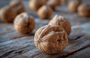 AI generated Textured Walnuts on Wooden Surface for Healthy Snacks and Cooking Ingredients photo