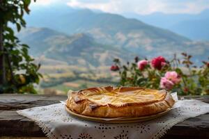 ai generado abundante tradicional búlgaro banitsa Pastelería en un rústico mesa con pintoresco montaña ver foto