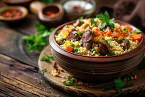 AI generated Traditional Moroccan Couscous with Tender Lamb and Vegetables Served in a Clay Pot photo