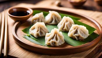 AI generated Steamed dumplings on wooden plate photo