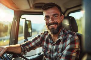 AI generated Cheerful Truck Driver Enjoying the Journey, Capturing the Freedom of the Open Road photo